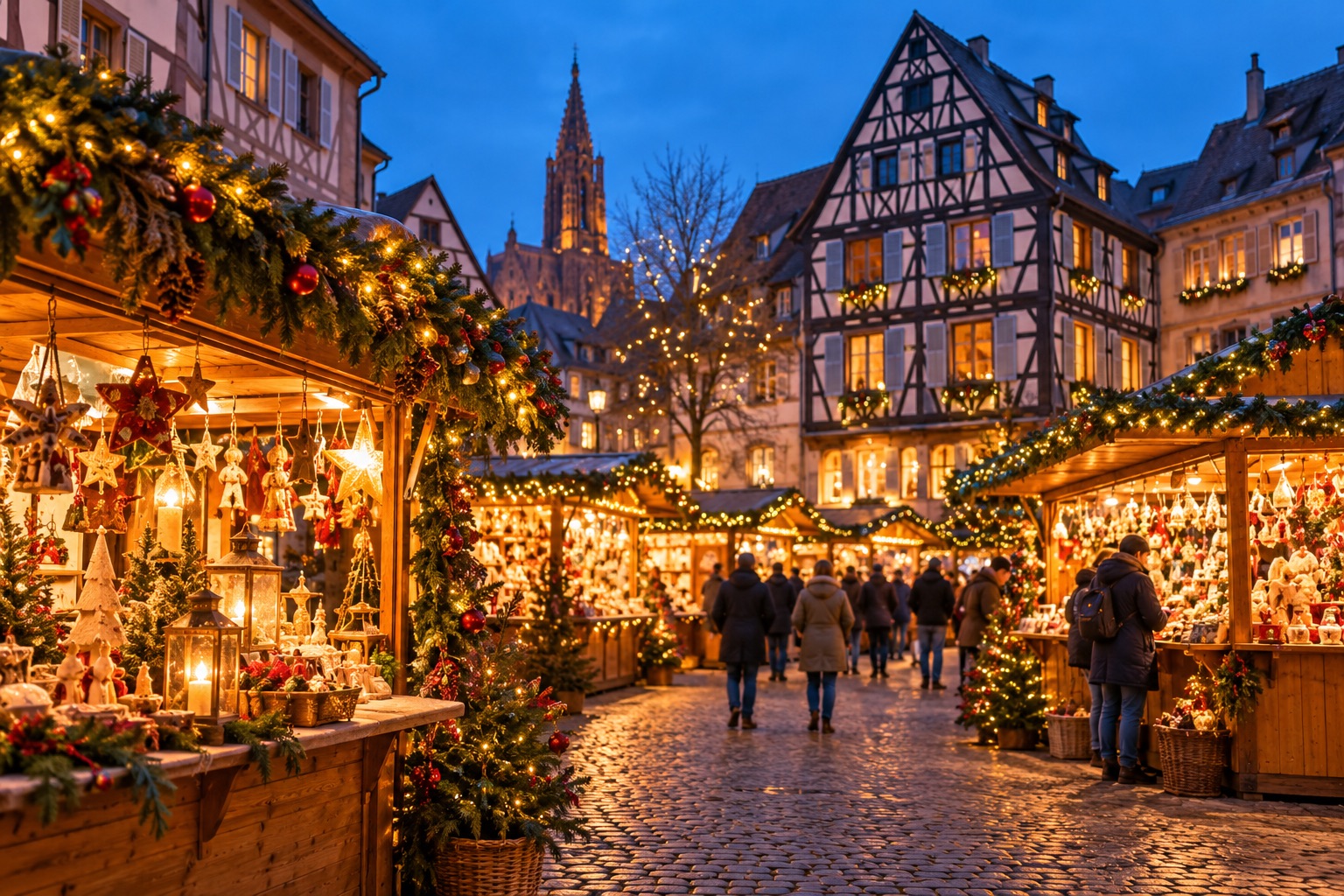 Puestos iluminados en un mercadillo navideño de Alsacia, imagen ilustrativa.